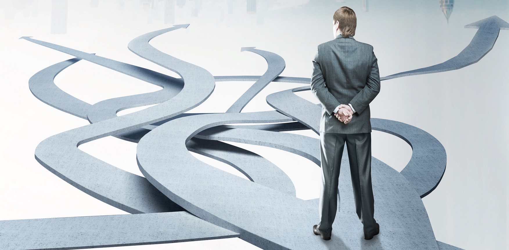 Businessman stands choosing his way Ethics